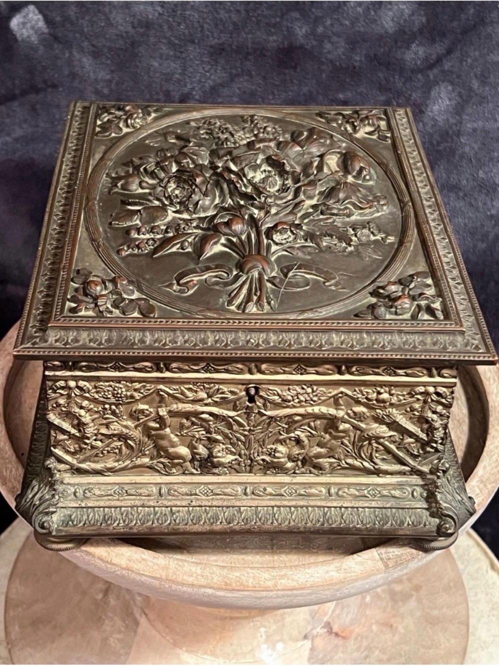 Vintage Ornate Metal Jewelry Box, Cherub & Floral Design; Repousse vanity box